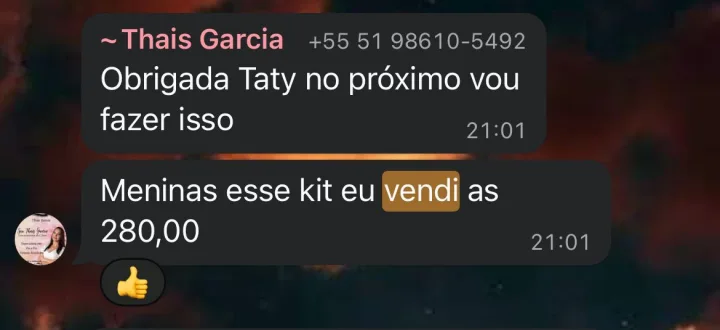 Print de conversa no WhatsApp: aluna Thais Garcia conta que vendeu um kit por R$280
