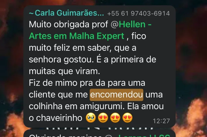Print de conversa no WhatsApp: aluna Carla Guimarães conta que a cliente amou a peça