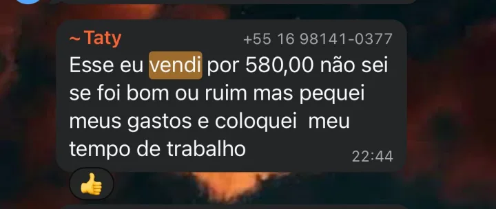 Print de conversa no WhatsApp: aluna conta que vendeu uma peça por R$580