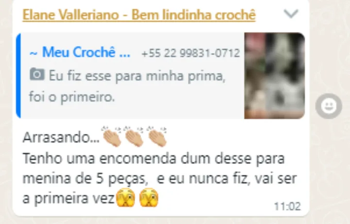 Print de conversa no WhatsApp: aluna Elane Valleriano recebeu encomenda de 5 peças