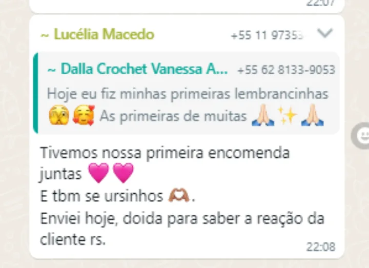 Print de conversa no WhatsApp: aluna comemora a primeira encomenda